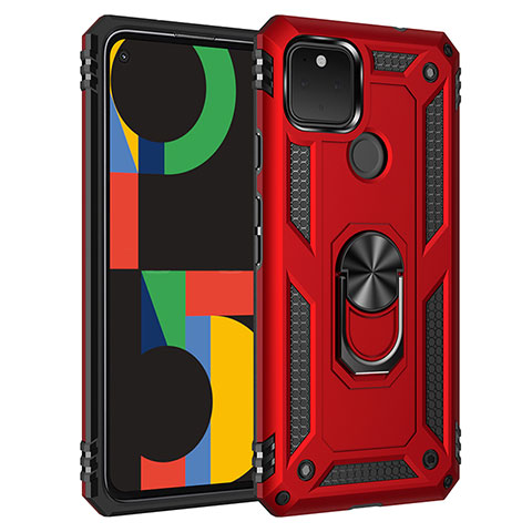 Custodia Silicone e Plastica Opaca Cover con Magnetico Anello Supporto MQ3 per Google Pixel 5 XL 5G Rosso