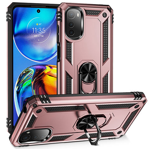 Custodia Silicone e Plastica Opaca Cover con Magnetico Anello Supporto MQ3 per Motorola Moto E32 Oro Rosa