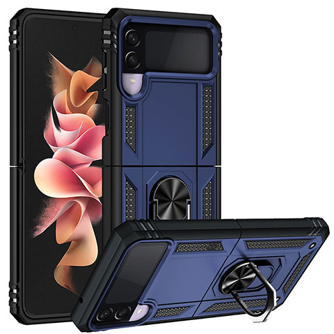 Custodia Silicone e Plastica Opaca Cover con Magnetico Anello Supporto MQ3 per Samsung Galaxy Z Flip3 5G Blu