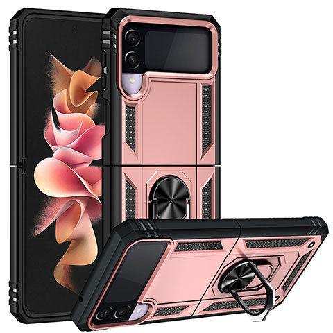 Custodia Silicone e Plastica Opaca Cover con Magnetico Anello Supporto MQ3 per Samsung Galaxy Z Flip3 5G Oro Rosa