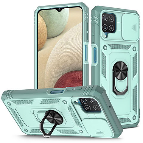 Custodia Silicone e Plastica Opaca Cover con Magnetico Anello Supporto MQ5 per Samsung Galaxy A12 Nacho Azzurro