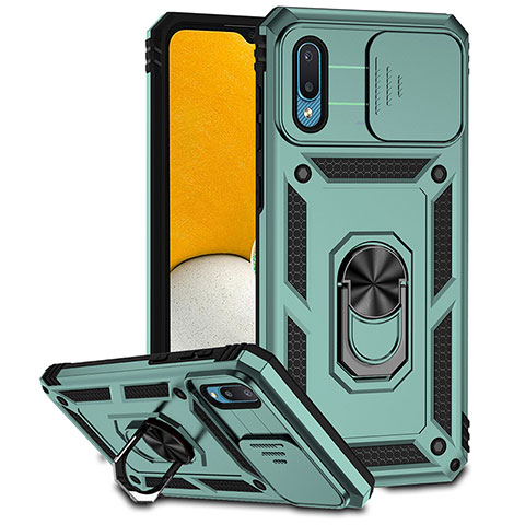 Custodia Silicone e Plastica Opaca Cover con Magnetico Anello Supporto MQ6 per Samsung Galaxy A02 Verde