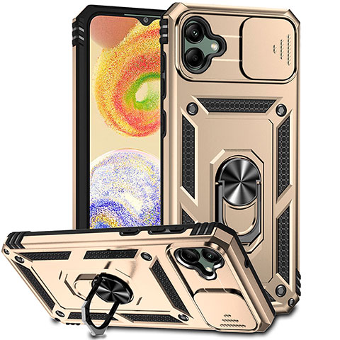 Custodia Silicone e Plastica Opaca Cover con Magnetico Anello Supporto MQ6 per Samsung Galaxy F04 Oro