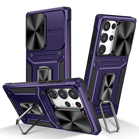 Custodia Silicone e Plastica Opaca Cover con Magnetico Anello Supporto MQ7 per Samsung Galaxy S22 Ultra 5G Viola