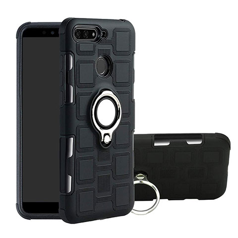 Custodia Silicone e Plastica Opaca Cover con Magnetico Anello Supporto per Huawei Enjoy 8e Nero