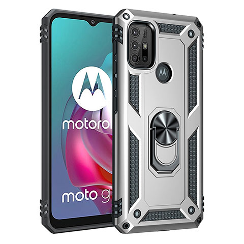 Custodia Silicone e Plastica Opaca Cover con Magnetico Anello Supporto per Motorola Moto G10 Argento