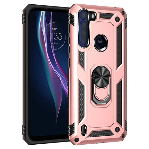 Custodia Silicone e Plastica Opaca Cover con Magnetico Anello Supporto per Motorola Moto One Fusion Oro Rosa