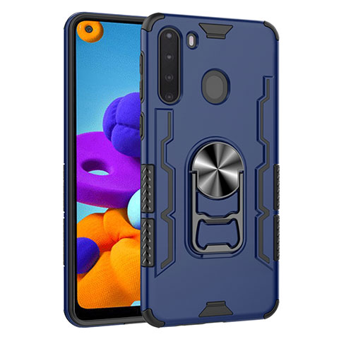 Custodia Silicone e Plastica Opaca Cover con Magnetico Anello Supporto per Samsung Galaxy A21 Blu