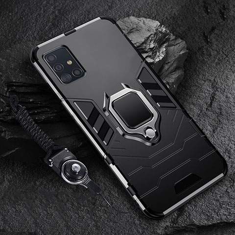 Custodia Silicone e Plastica Opaca Cover con Magnetico Anello Supporto per Samsung Galaxy A71 4G A715 Nero