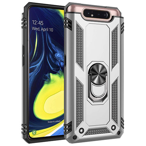 Custodia Silicone e Plastica Opaca Cover con Magnetico Anello Supporto per Samsung Galaxy A80 Argento