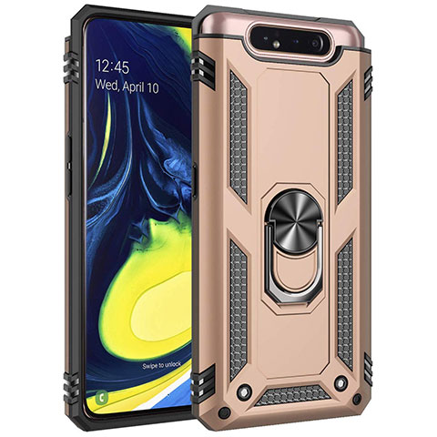 Custodia Silicone e Plastica Opaca Cover con Magnetico Anello Supporto per Samsung Galaxy A80 Oro