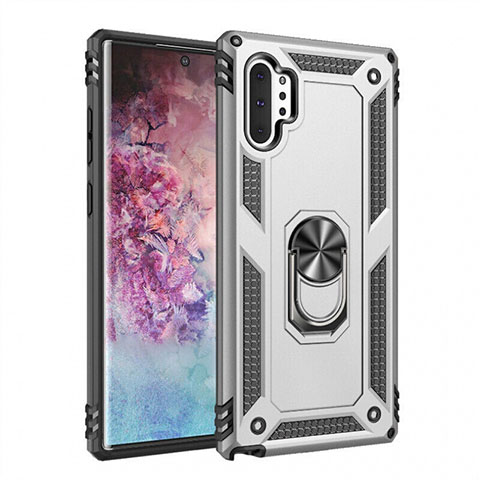 Custodia Silicone e Plastica Opaca Cover con Magnetico Anello Supporto per Samsung Galaxy Note 10 Plus 5G Argento