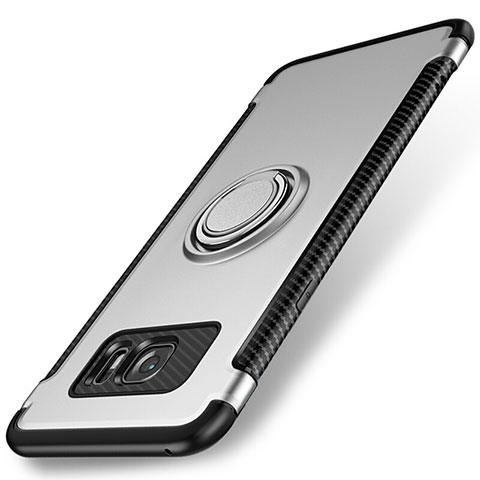 Custodia Silicone e Plastica Opaca Cover con Magnetico Anello Supporto per Samsung Galaxy S7 Edge G935F Argento