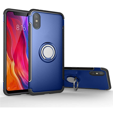 Custodia Silicone e Plastica Opaca Cover con Magnetico Anello Supporto per Xiaomi Mi 8 Pro Global Version Blu