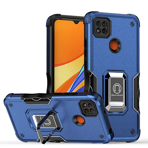 Custodia Silicone e Plastica Opaca Cover con Magnetico Anello Supporto QW1 per Xiaomi Redmi 9 India Blu