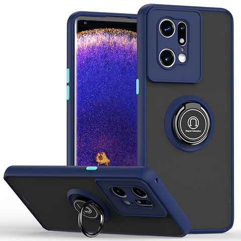 Custodia Silicone e Plastica Opaca Cover con Magnetico Anello Supporto QW2 per Oppo Find X5 Pro 5G Blu