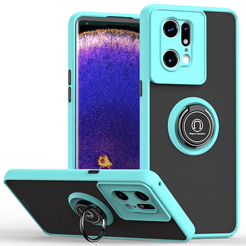 Custodia Silicone e Plastica Opaca Cover con Magnetico Anello Supporto QW2 per Oppo Find X5 Pro 5G Ciano