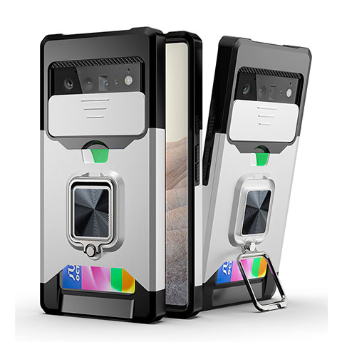 Custodia Silicone e Plastica Opaca Cover con Magnetico Anello Supporto QW3 per Google Pixel 6 Pro 5G Argento