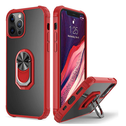 Custodia Silicone e Plastica Opaca Cover con Magnetico Anello Supporto R01 per Apple iPhone 12 Pro Max Rosso