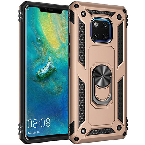 Custodia Silicone e Plastica Opaca Cover con Magnetico Anello Supporto R01 per Huawei Mate 20 Pro Oro