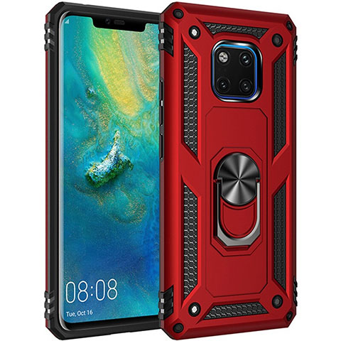 Custodia Silicone e Plastica Opaca Cover con Magnetico Anello Supporto R01 per Huawei Mate 20 Pro Rosso