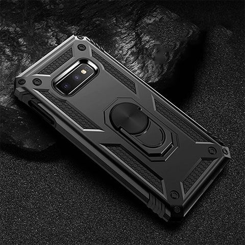 Custodia Silicone e Plastica Opaca Cover con Magnetico Anello Supporto R01 per Samsung Galaxy S10e Nero