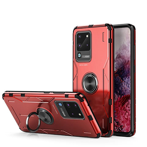 Custodia Silicone e Plastica Opaca Cover con Magnetico Anello Supporto R01 per Samsung Galaxy S20 Ultra 5G Rosso