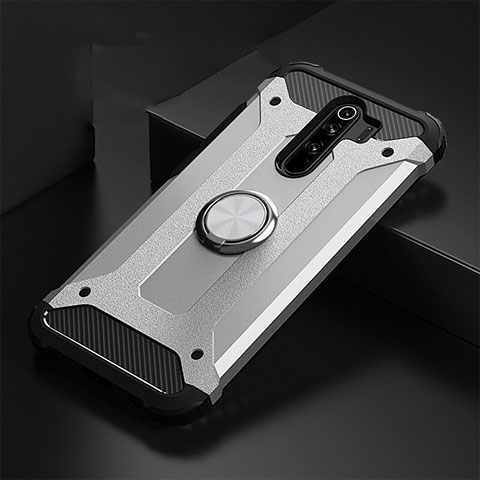 Custodia Silicone e Plastica Opaca Cover con Magnetico Anello Supporto R01 per Xiaomi Redmi Note 8 Pro Argento
