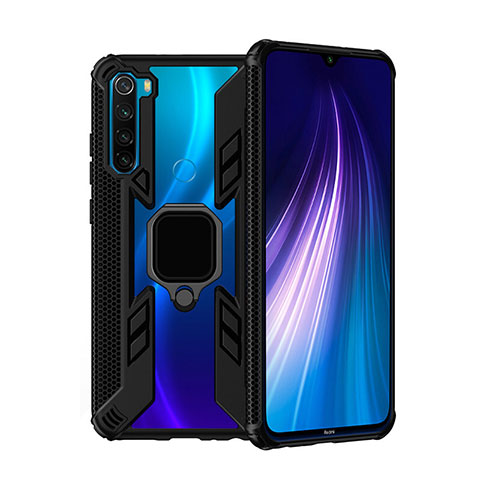 Custodia Silicone e Plastica Opaca Cover con Magnetico Anello Supporto R01 per Xiaomi Redmi Note 8T Nero