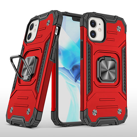 Custodia Silicone e Plastica Opaca Cover con Magnetico Anello Supporto R02 per Apple iPhone 12 Mini Rosso