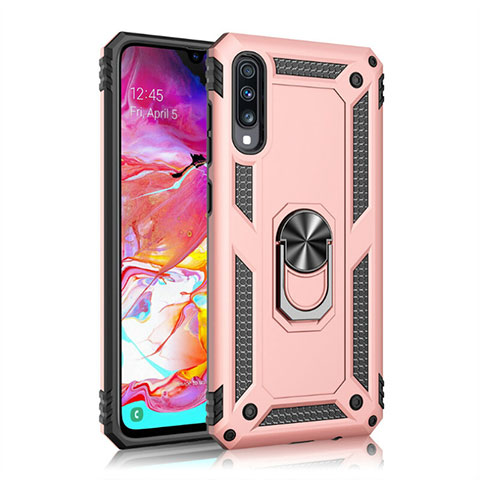 Custodia Silicone e Plastica Opaca Cover con Magnetico Anello Supporto R02 per Samsung Galaxy A70 Oro Rosa