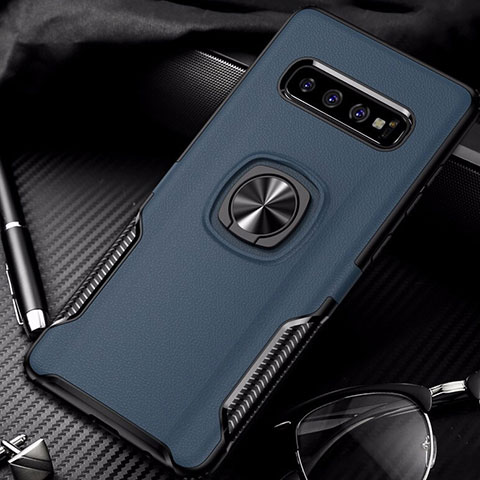 Custodia Silicone e Plastica Opaca Cover con Magnetico Anello Supporto R02 per Samsung Galaxy S10 Plus Blu