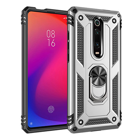 Custodia Silicone e Plastica Opaca Cover con Magnetico Anello Supporto R02 per Xiaomi Mi 9T Pro Argento