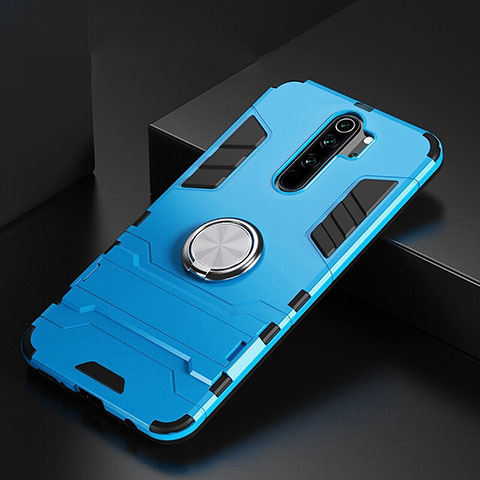 Custodia Silicone e Plastica Opaca Cover con Magnetico Anello Supporto R02 per Xiaomi Redmi Note 8 Pro Cielo Blu