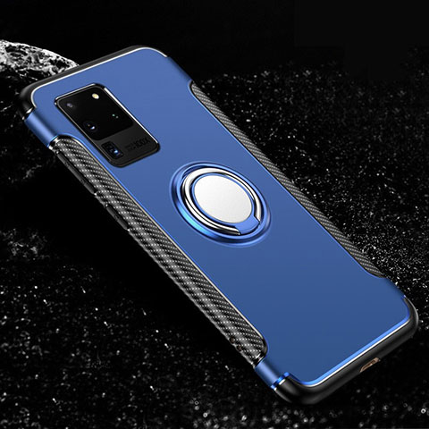 Custodia Silicone e Plastica Opaca Cover con Magnetico Anello Supporto R03 per Samsung Galaxy S20 Ultra Blu