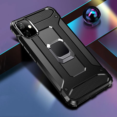 Custodia Silicone e Plastica Opaca Cover con Magnetico Anello Supporto R04 per Apple iPhone 11 Nero