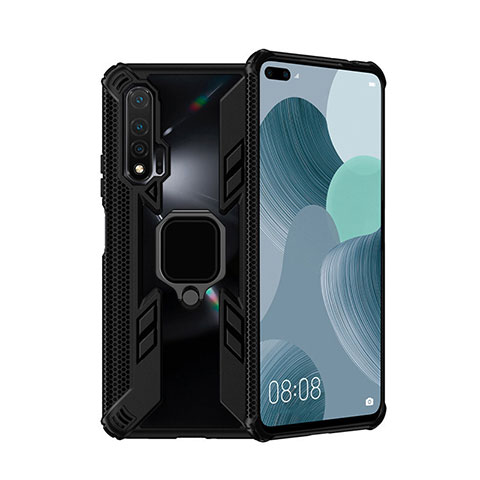 Custodia Silicone e Plastica Opaca Cover con Magnetico Anello Supporto R04 per Huawei Nova 6 5G Nero