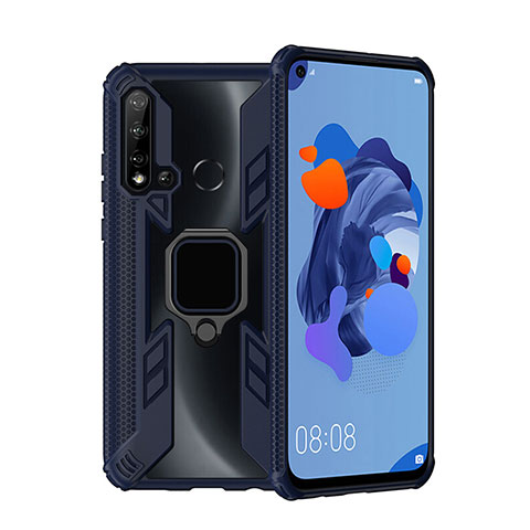 Custodia Silicone e Plastica Opaca Cover con Magnetico Anello Supporto R04 per Huawei P20 Lite (2019) Blu