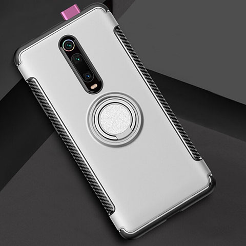 Custodia Silicone e Plastica Opaca Cover con Magnetico Anello Supporto R04 per Xiaomi Redmi K20 Argento