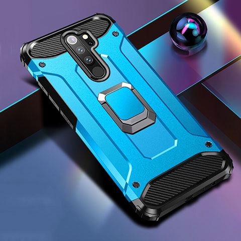 Custodia Silicone e Plastica Opaca Cover con Magnetico Anello Supporto R04 per Xiaomi Redmi Note 8 Pro Cielo Blu