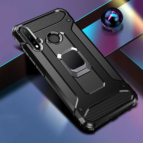 Custodia Silicone e Plastica Opaca Cover con Magnetico Anello Supporto R05 per Huawei Nova 5i Nero