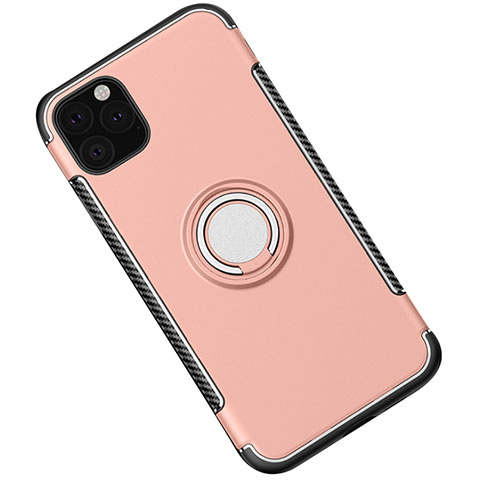 Custodia Silicone e Plastica Opaca Cover con Magnetico Anello Supporto S01 per Apple iPhone 11 Pro Max Oro Rosa