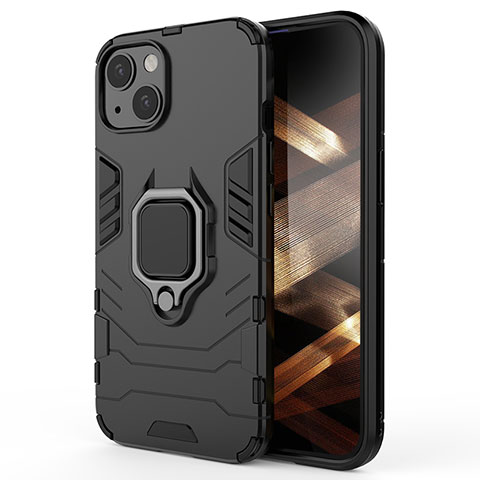 Custodia Silicone e Plastica Opaca Cover con Magnetico Anello Supporto S01 per Apple iPhone 15 Plus Nero