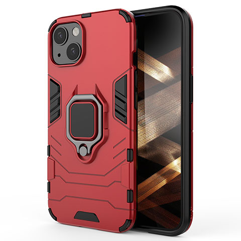 Custodia Silicone e Plastica Opaca Cover con Magnetico Anello Supporto S01 per Apple iPhone 15 Plus Rosso
