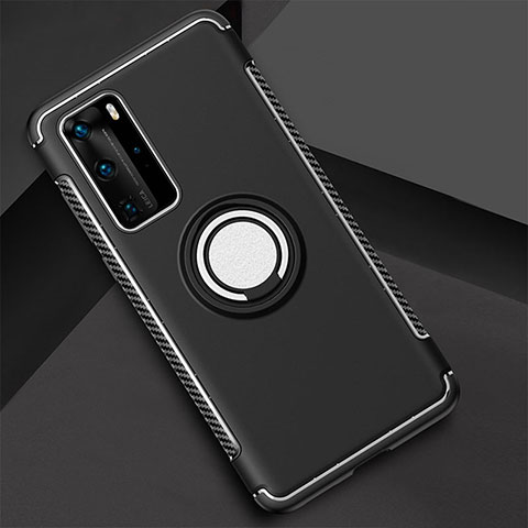 Custodia Silicone e Plastica Opaca Cover con Magnetico Anello Supporto S01 per Huawei P40 Pro Nero