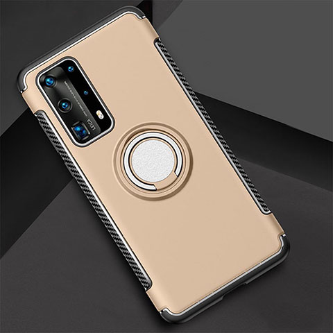 Custodia Silicone e Plastica Opaca Cover con Magnetico Anello Supporto S01 per Huawei P40 Pro+ Plus Oro