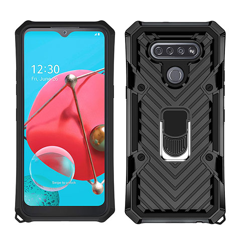 Custodia Silicone e Plastica Opaca Cover con Magnetico Anello Supporto S01 per LG K51 Nero