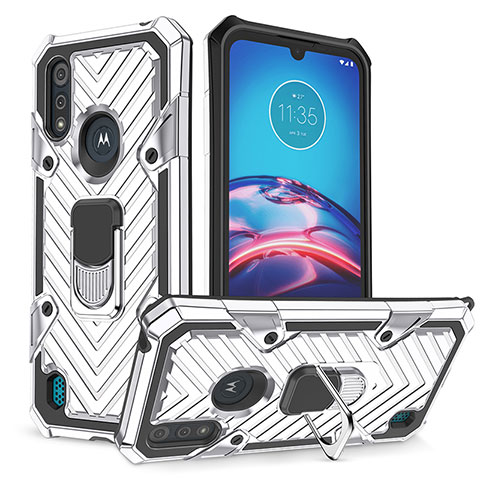 Custodia Silicone e Plastica Opaca Cover con Magnetico Anello Supporto S01 per Motorola Moto E6s (2020) Argento