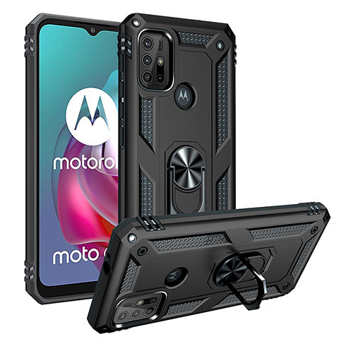 Custodia Silicone e Plastica Opaca Cover con Magnetico Anello Supporto S01 per Motorola Moto G10 Nero