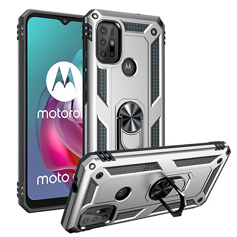 Custodia Silicone e Plastica Opaca Cover con Magnetico Anello Supporto S01 per Motorola Moto G20 Argento